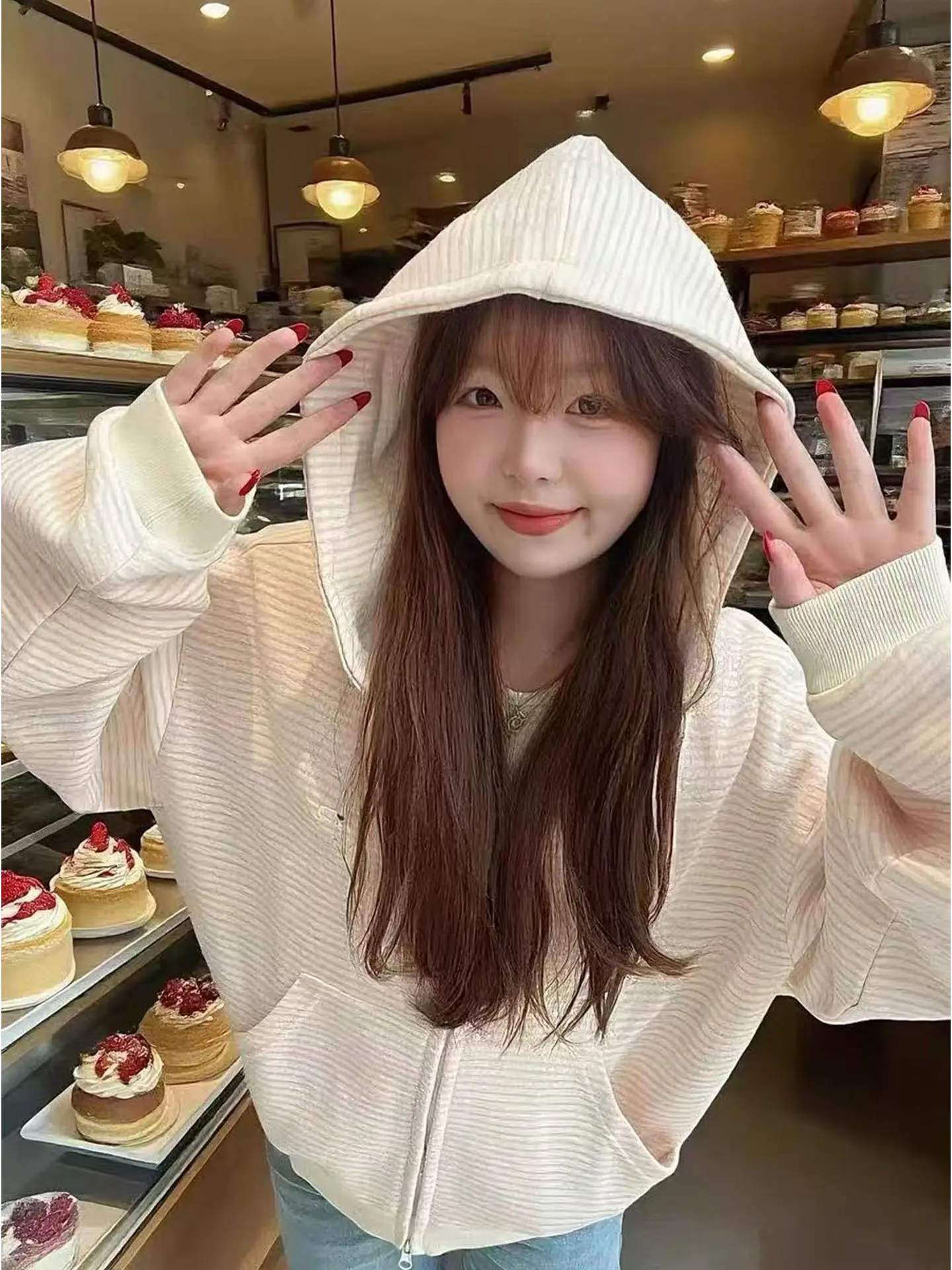 

Retro Pink Striped Embroidered Hoodie Women's Loose Cardigan Jaet Autumn 2025 New Lazy Sle High Waist A-Line Skirt