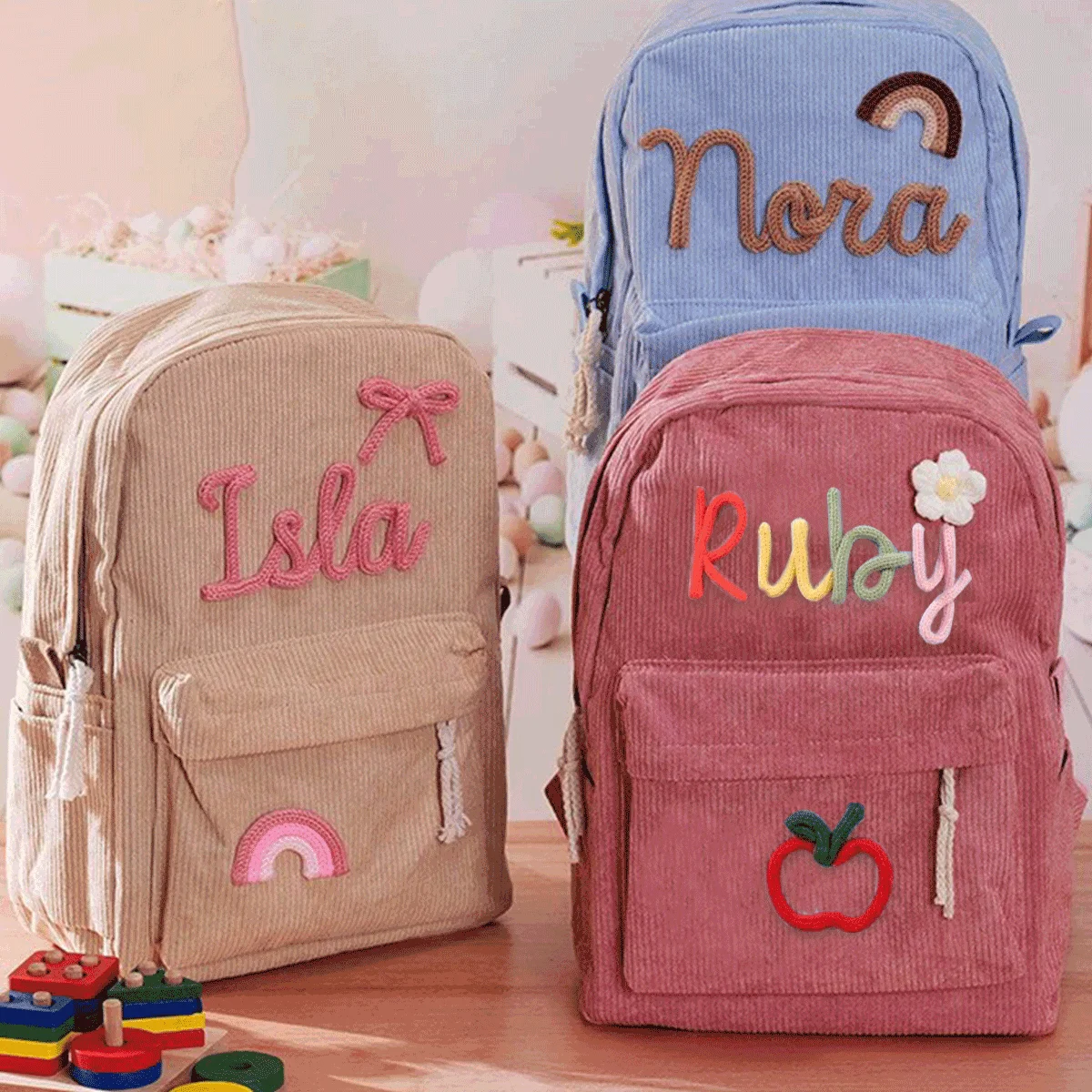 1-Piece Personalized Name Backpack, Large Capacity, with Butterfly, Rainbow, Apple, Star Patterns, Perfect for Back to School