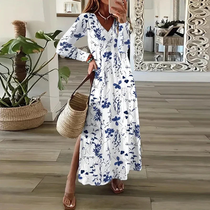 Fall Elegant Fashion Women Long Sleeve Party Dresses Vintage Floral Print Slit Dress Casual  V-Neck Sexy Female Dress Vestido