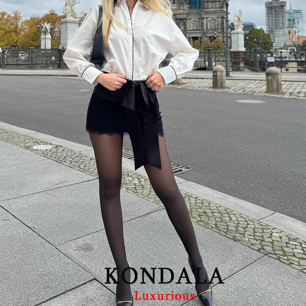 KONDALA セクシーシック ブラック レディース レース ミニスカート レディース フロントボウ シース イブニング クラブ レディース スカート ファッション 2025 パーティー Y2K ガール スカート