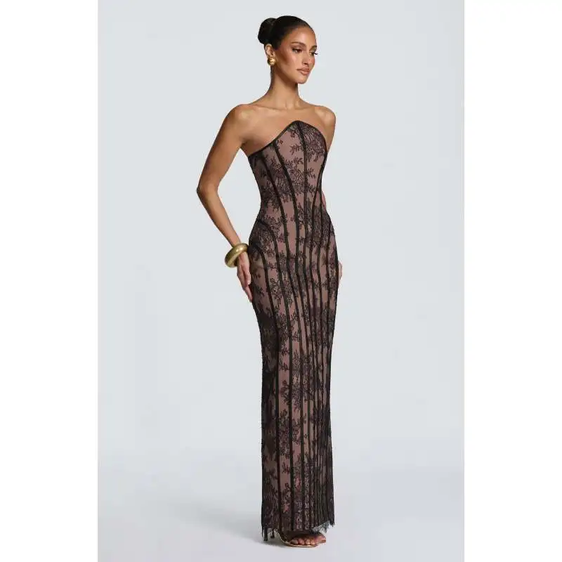 Sexy Strapless Maxi Dress Lace Corset Boned Lace Up Back Bodycon Evening Party Long Gown