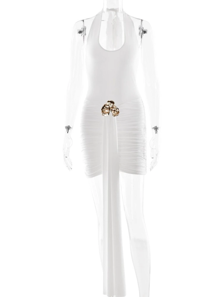 XIAOTANG Fiore di Metallo Drappeggiato Increspato Mini Vestito Sexy Delle Donne Veste di Modo Halter Backless Senza Maniche Aderente Club Vestito Da Partito Nuovo