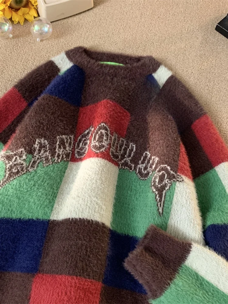 

Мужской вязаный свитер свободного кроя с круглым вырезом, в клетку, в американском ретро-стиле, базовый слой, зимний, повседневный, комфортный, утепленный