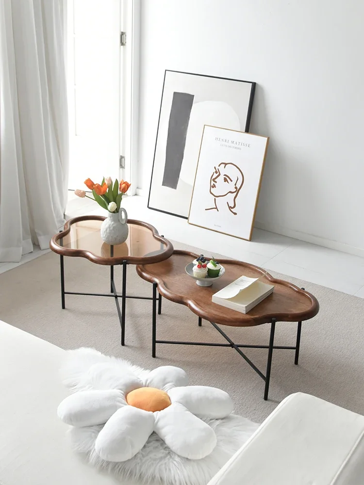 Walnut colored cloud tea table with irregular small unit design, creative French side table, retro and simple side table glass