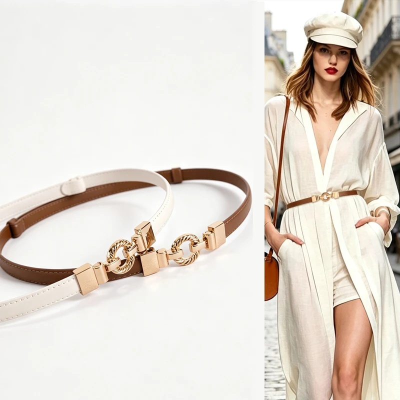 Fashion Women Thin Leather Belt Twist Metal Interlock Buckle Waist Belt Adjustable Decorative Waistband for Dress Suit Jeans