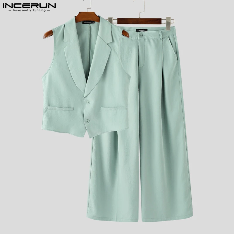 

INCERUN Summer Men's Sets Solid Color Sleeveless Tops Tee Buttons Summer Long Pants Male Two-piece Suits Streetwear 2PCS S-5XL