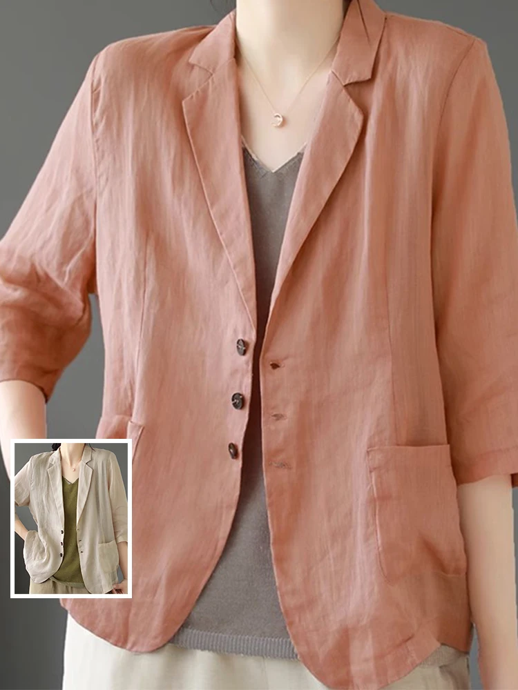 

Художественный однотонный хлопково-льняной пиджак с рукавом 3/4, больших размеров, женский, с двумя карманами, отложным воротником, универсальный, из льняной ткани.