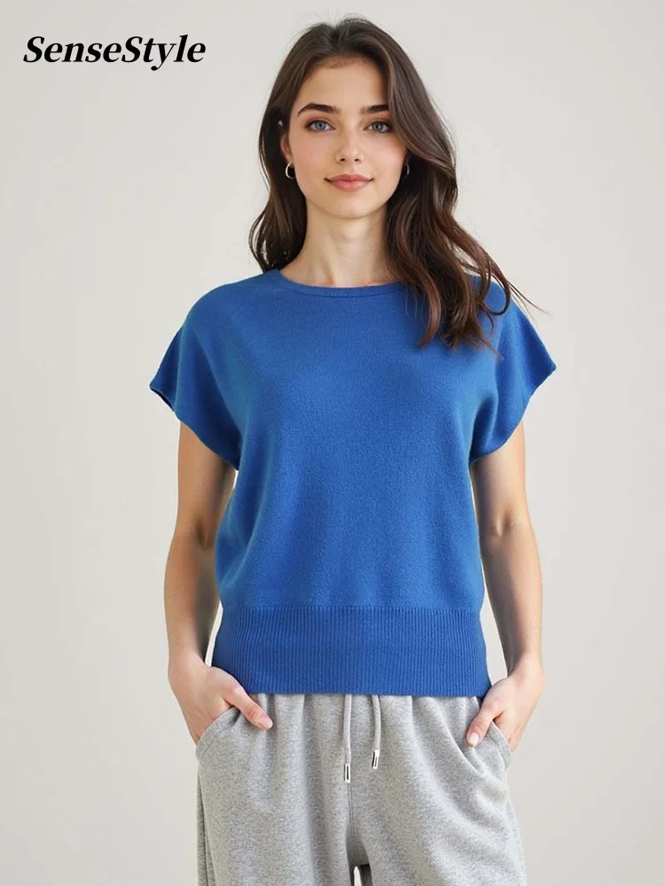 

Осенний свитер из 100% чистой шерсти с короткими рукавами и круглым вырезом, бесшовные вязаные пуловеры с летающими рукавами