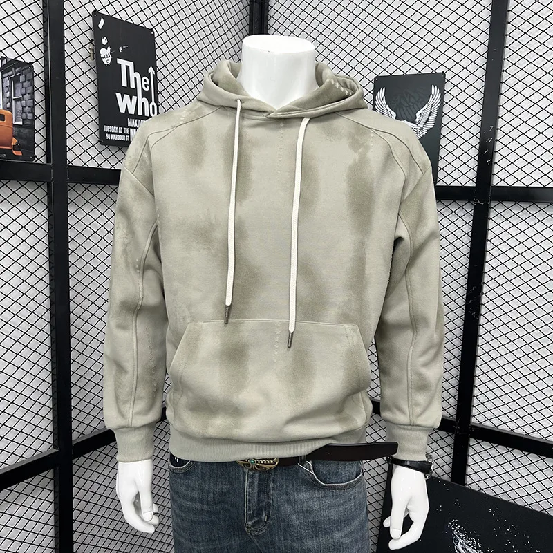Men Hoodie Tie Dye Distressed Long Sleeve Pullover Sweatshirt Loose Fit Streetwear Hooded Top Trendy Brand Versatile Outerwear