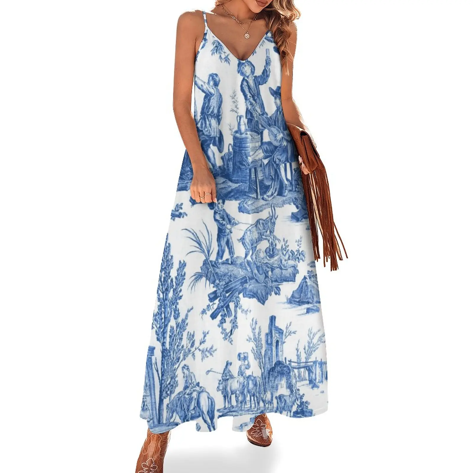 

Blue and White Toile de Jouy Sleeveless Dress bandage dress dresses for woman