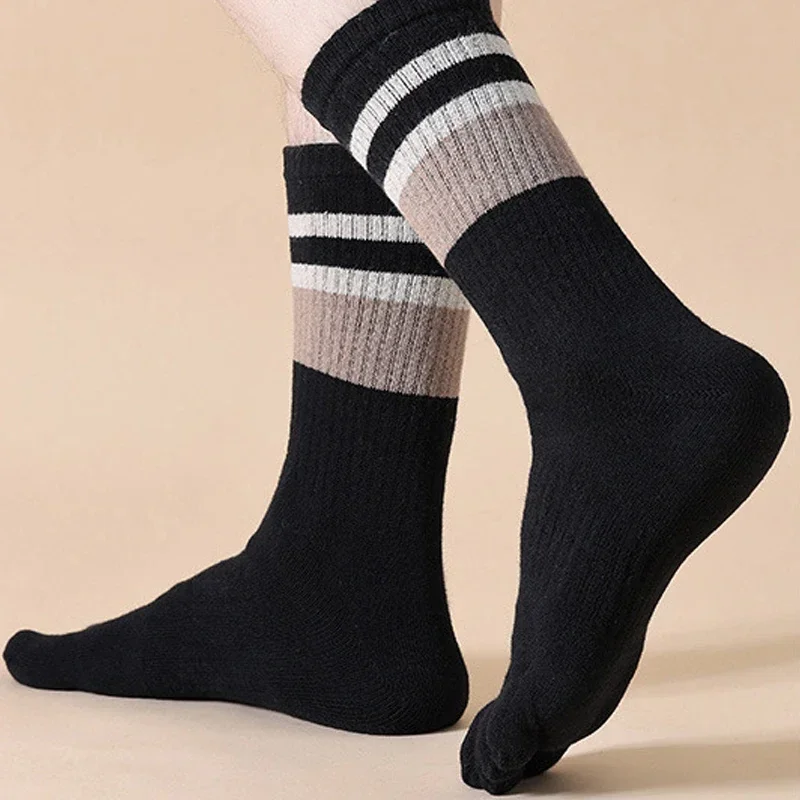 5 pares de calcetines de punta de rizo para hombre, calcetines largos de algodón a rayas, gruesos, suaves, elásticos, absorbentes del sudor, para mantener el calor, vestido de fiesta, calcetines felices de 5 dedos