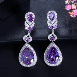 BeaQueen European American Luxury Purple Crystal Earrings Pear Cut Long Drop Women Wedding Earrings with Cubic Zirconia E024