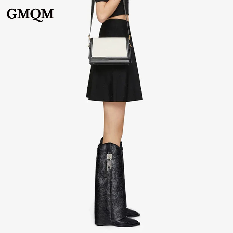 GMQM Black Fashion Printed Wedgs Boots Women New The Knee Boots Shark Lock Retro Pattern High Heels Big Size 43 Designer