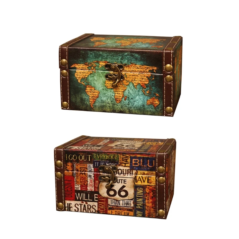 European Vintage Jewelry Storage Box Multipurpose Antique Wooden Pirate World Map Letters for CA
