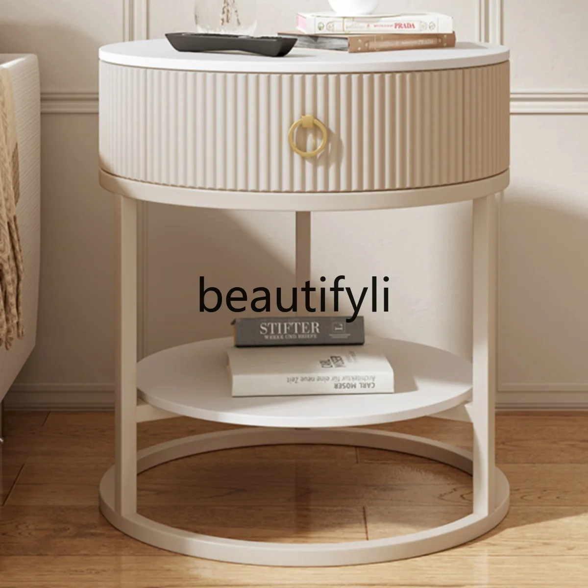 

Round Cream Style Small Coffee Table for Living Room, Home Sofa Side Table with Drawer, Bedroom Bedside Table, Metal