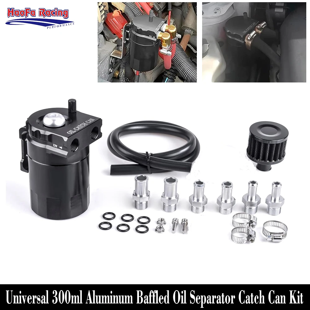 Universal 300ml Aluminum Oil Catch Can Separator Tank with Breather Compact Dual Cylinder Baffled Engine Air Tank Reservoir Kit