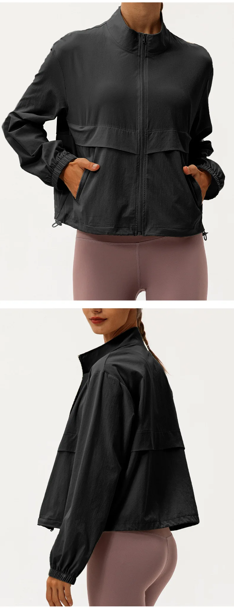 Outdoor-Sport-Windjacke für Damen, locker geschnittener, lässiger Yoga-Anzug mit Reißverschluss, Stehkragen, Laufjacke, Fitness-Windjacke, winddicht – Detail 20