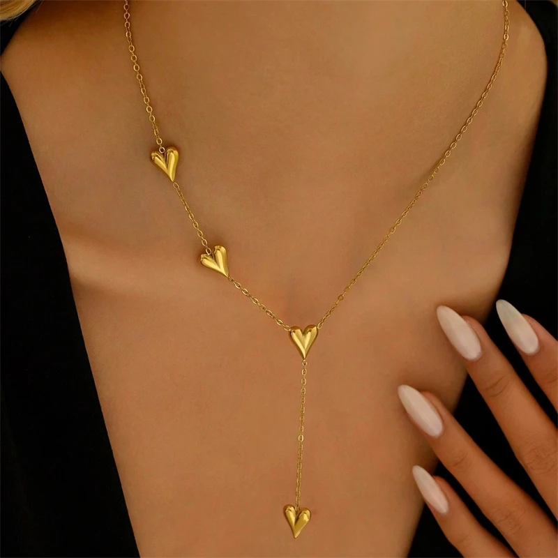 

Fashion Stainless Steel Peach Heart Pendant Necklace For Women Gold Color Y-Shaped Tassel Chain Choker Bracelet Party Jewelry