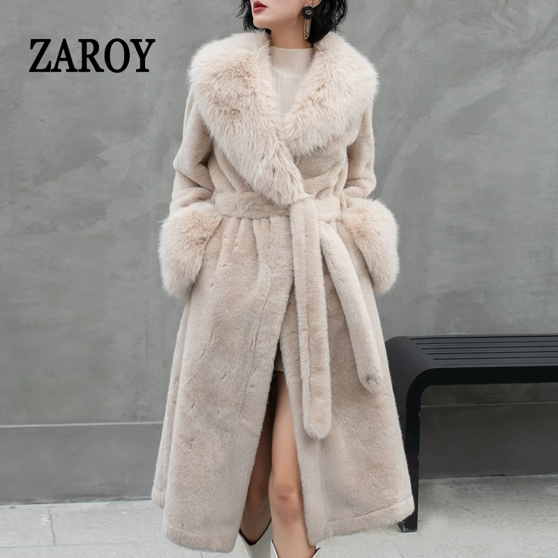 

ZAROY Winter Women's Faux Fur Long Coat Luxury Fuzz Warm Thick Fur Jackets Turn Down Collar Belted Plush Outerwear Abrigos шу