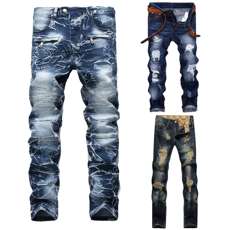 High Quality Washed Straight Slim Pleated Motorcycle Biker Jeans Men Casual Ripped Jeans Male Denim Pants Plus Size 28-42