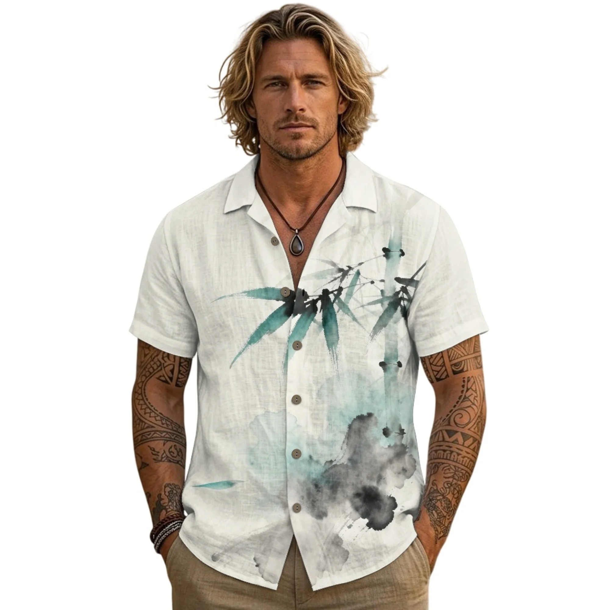 

INSTANTARTS Men's Linen Short-Sleeved Shirt Chinese Style Bamboo Button Down Shirt for Men Beach Vacation Short Sleeve Top S-3XL