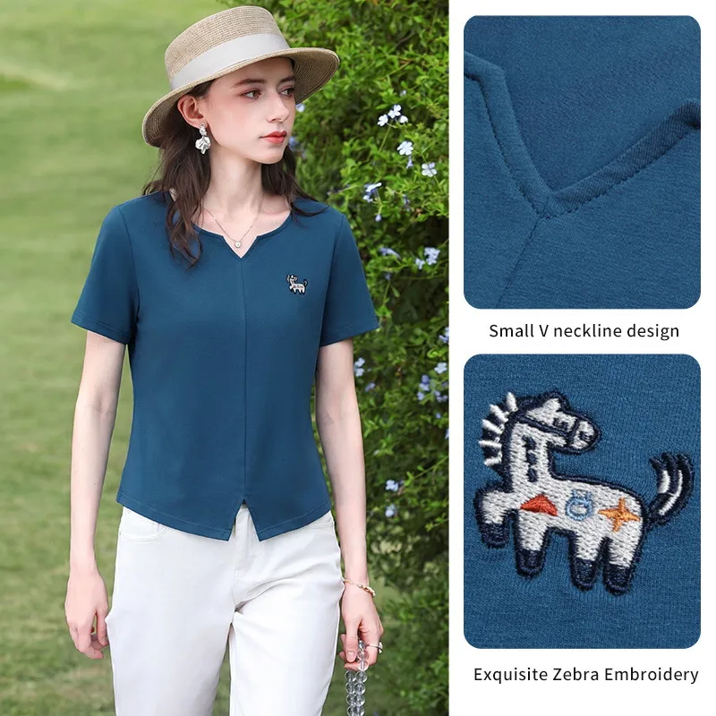 I BELIEVE YOU Blue V-Neck Dog Embroidered Slimming Short Sleeved T-Shirt For Women 2026 Summer New Split Hem Tee Top 2262016353