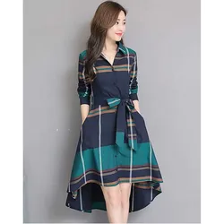 Fashion Lapel Spliced Bandage Asymmetrical Plaid Midi Dress Women Clothing Spring New Loose Irregular Casual Dresses