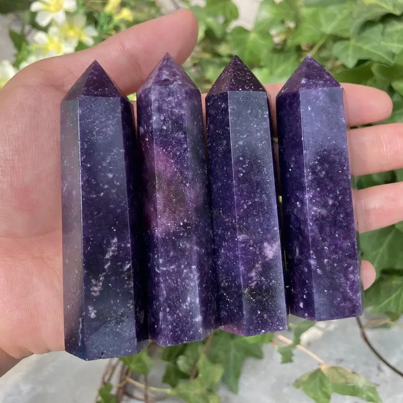 7-9cm Natural Lepidolite Crystal Hexagonal Healing Stone Obelisk Purple Quartz Ornament for Home Decor Reiki Energy