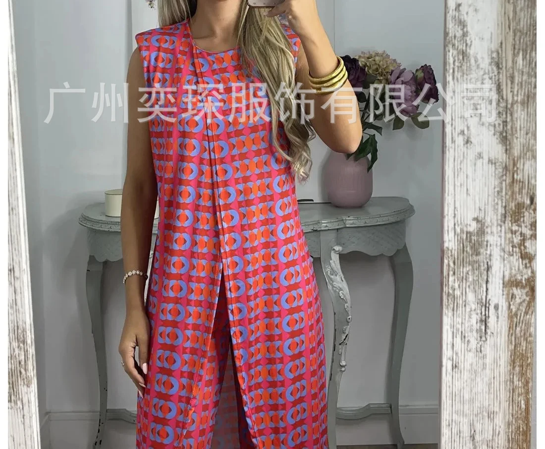 2023 Women's Autumn Fashion New Print Casual Sleeveless Loose Round Neck Top and Pants Two Piece Set National Style