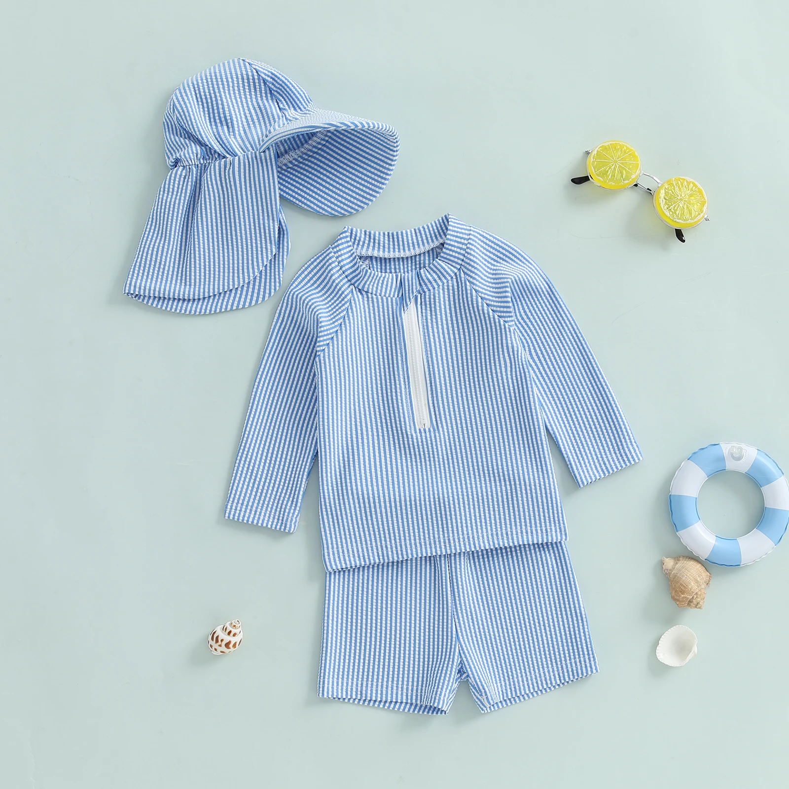 Kids Baby Boy Rash Guard Swimsuits Striped Long Sleeve Mock Neck Tops with Shorts and Swimming Hat Toddler Bathing Suit
