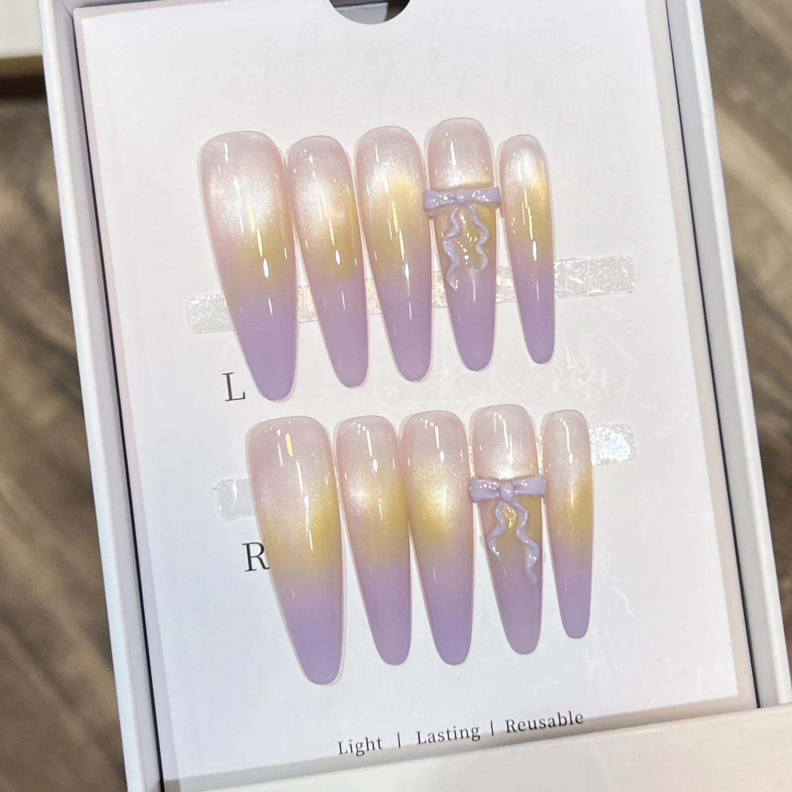 

10pcs Long Almond Handmade Press On Nails Romantic Violet Bowknots French Style False Nail Gradient Cat's Eye Wearable Fake Nail