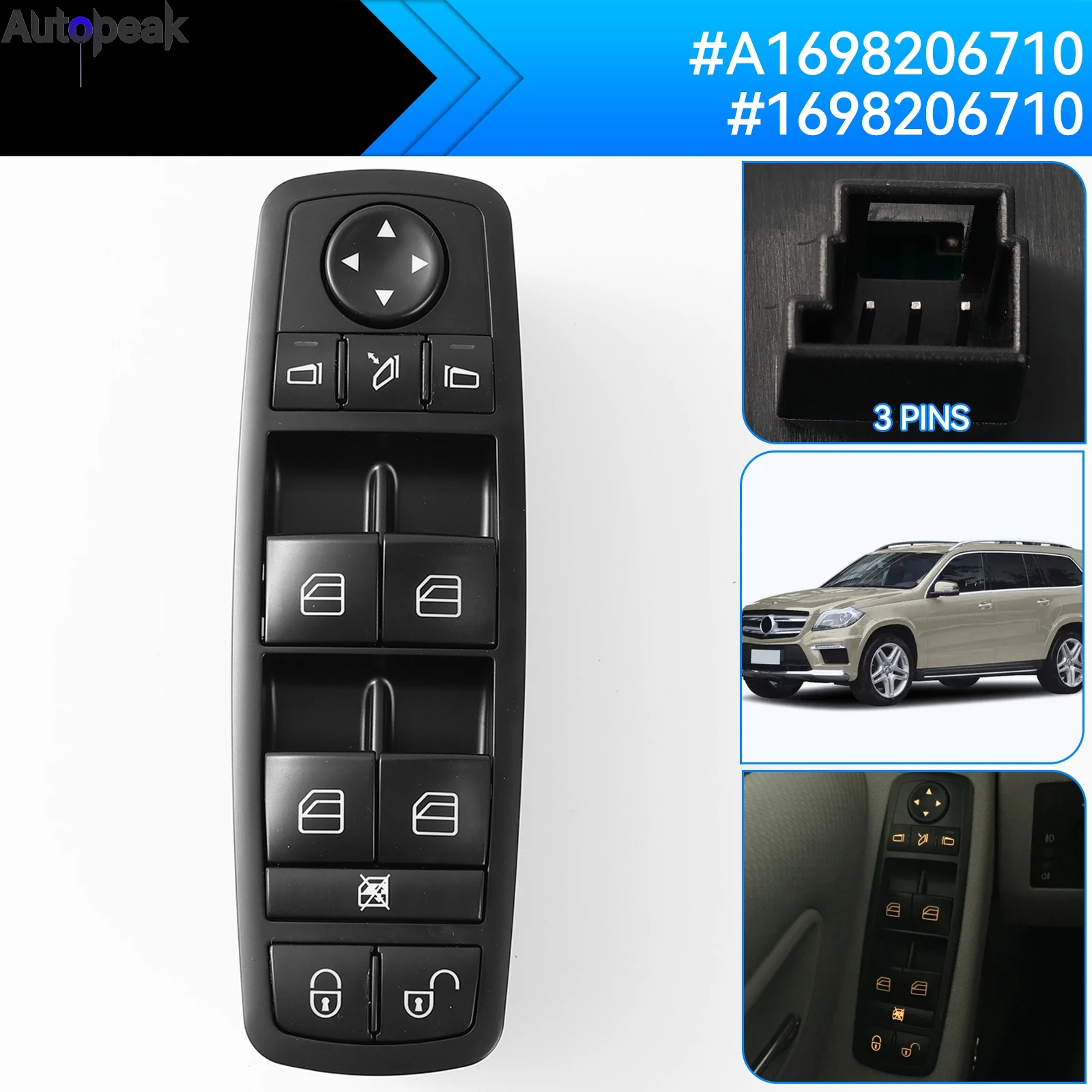 

A1698206710 Auto Electric Power Window Master Control Switch 1698206710 for Mercedes-Benz W169 A-Klasse W245 B-Klasse 2004-2012