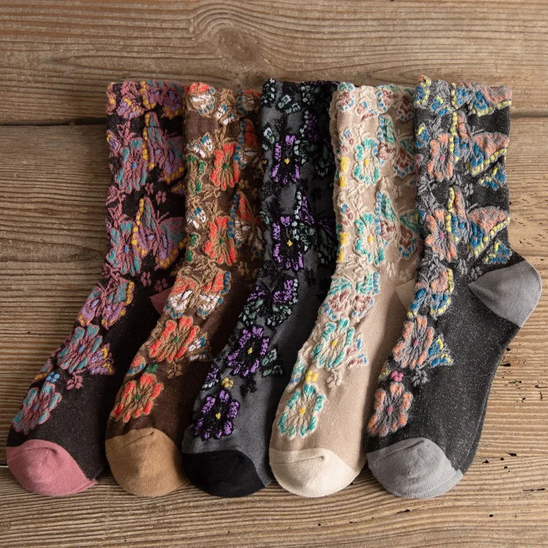 

1/5 пар модных универсальных носков средней длины с тиснением, женские носки в винтажном стиле с цветочным узором, осенне-зимняя коллекция