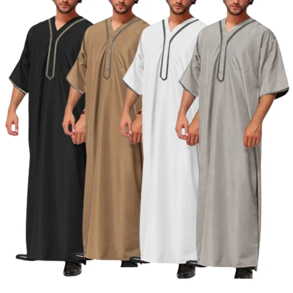 Solid Color V Neck Muslim Men Jubba Thobe Retro Button Kimono Half Sleeve Robe Saudi Musulman Shirt Islamic Arabic Kaftan Abaya