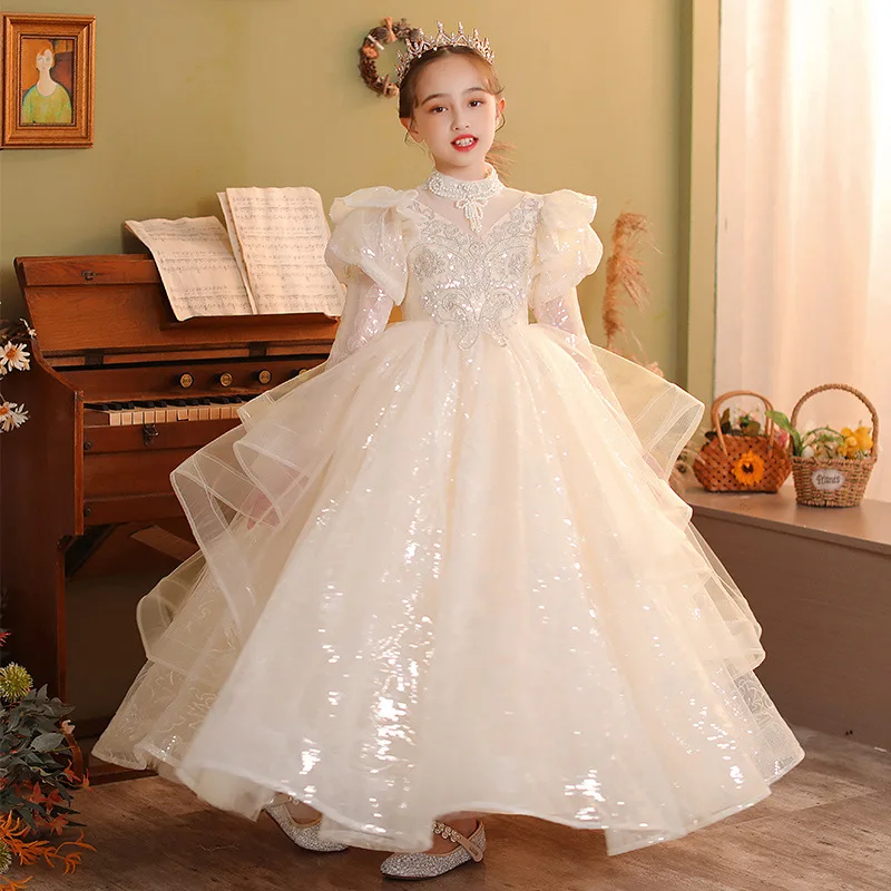 Pearl Sequins embroidery Kids Dresses For Party Wedding Children Pageant Gown 2024 Baby Tulle Princess Dress for Girls Clothing