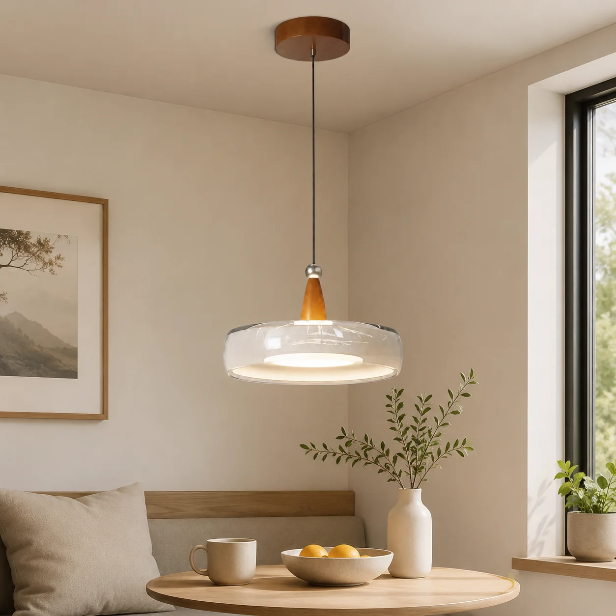 Modern Wood Glass LED Pendant Light 24W 3 Color Temperatures Adjustable Hanging Lamp for Dining Room Bedroom