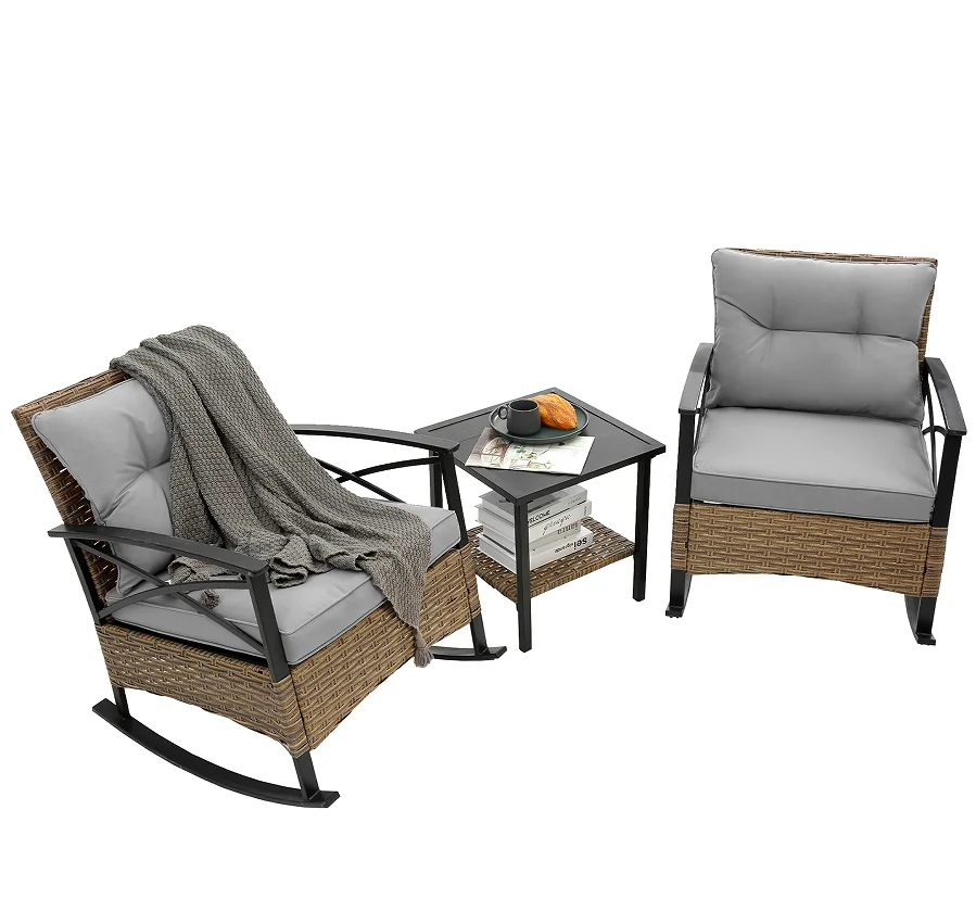 

！@3pcs Modern Steel Rocking Chair Set Outdoor Furniture Waterproof Grey