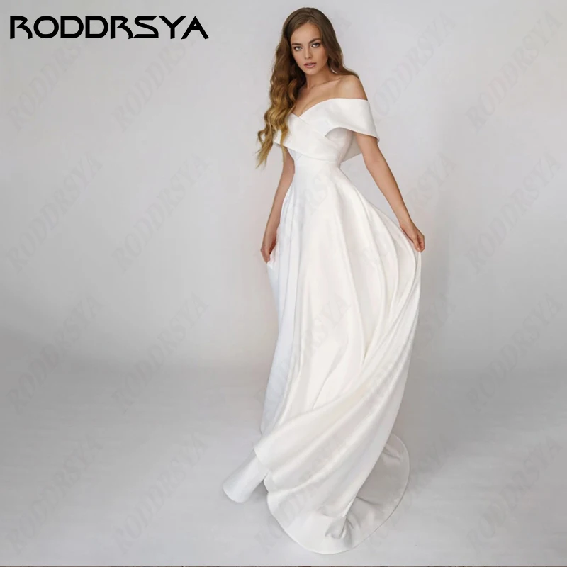 

RODDRSYA Soft Satin Wedding Dress For Women Romantic Off Shoulder Bride Party Sleeveless Backless Beach Vestido Novia Boda Civil