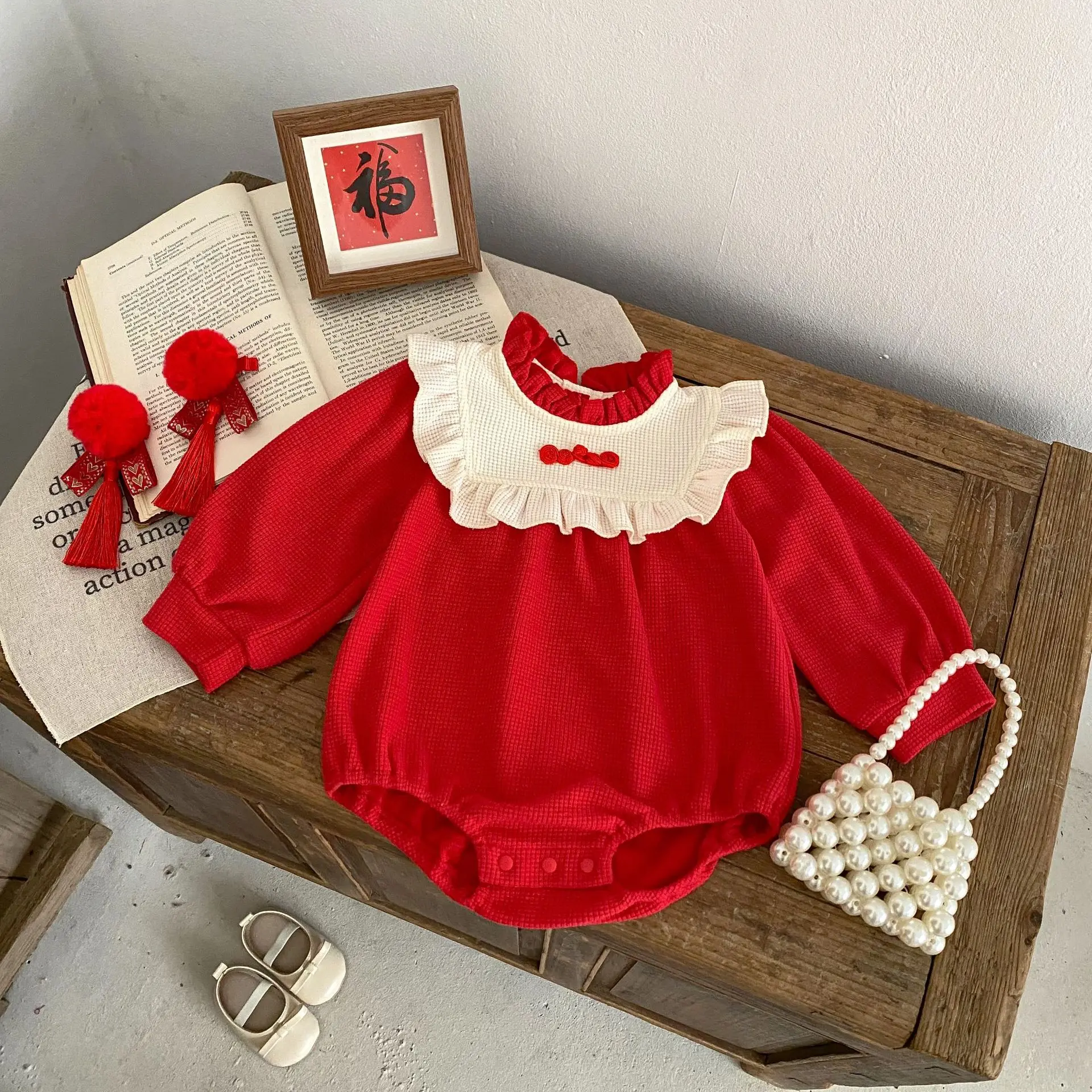 Dollbling 2024 spring new year red infant baby waffle grids color block jacket triangular romper suit