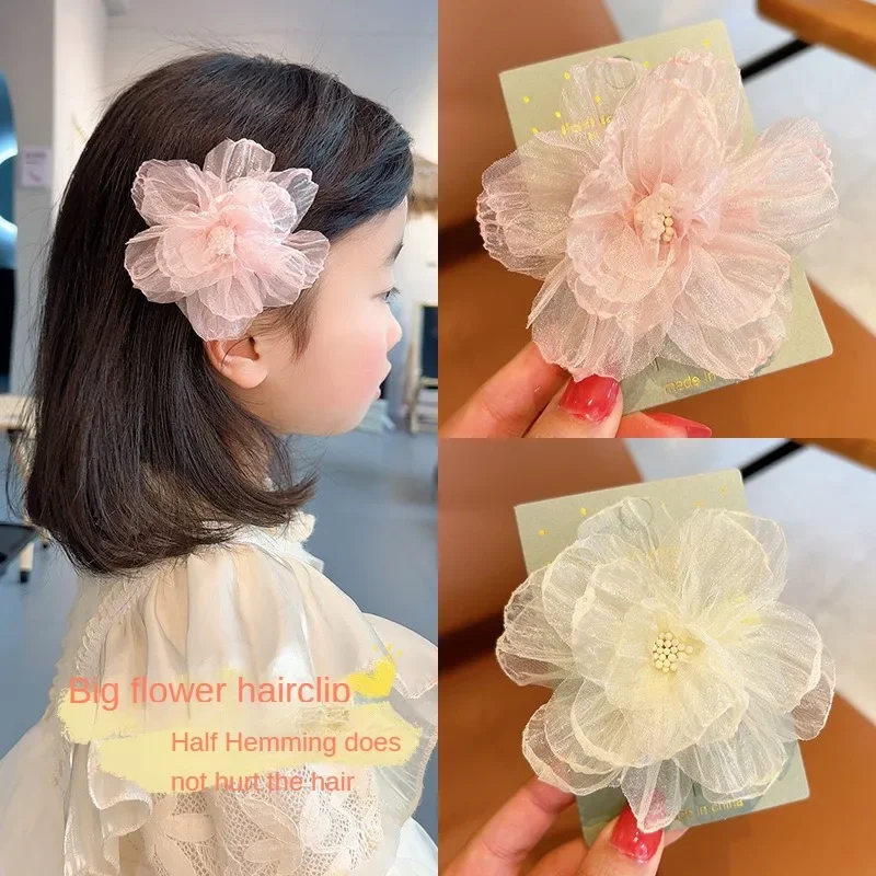 Doce e chique clipe de cabelo para meninas Princess Side Clip Duckbill com rede floral, decoração de arco