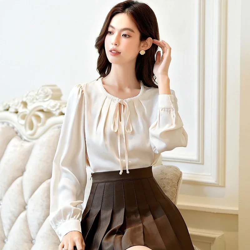 Camicetta da donna Camicia Nuova manica lunga O-Collo Elegante pizzo con perline Camicetta Camicia Donna Top Camicette Camicie Blusas Camisas Q1350