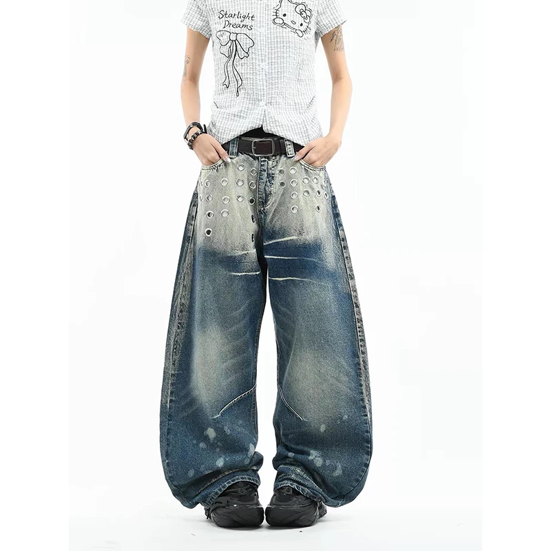 

YIBASHU Women Jeans Baggy Denim Pants Abi Design Wide Fit Punk Grunge Y2K Japanese Harajuku American Retro Goblin Core Boyfriend
