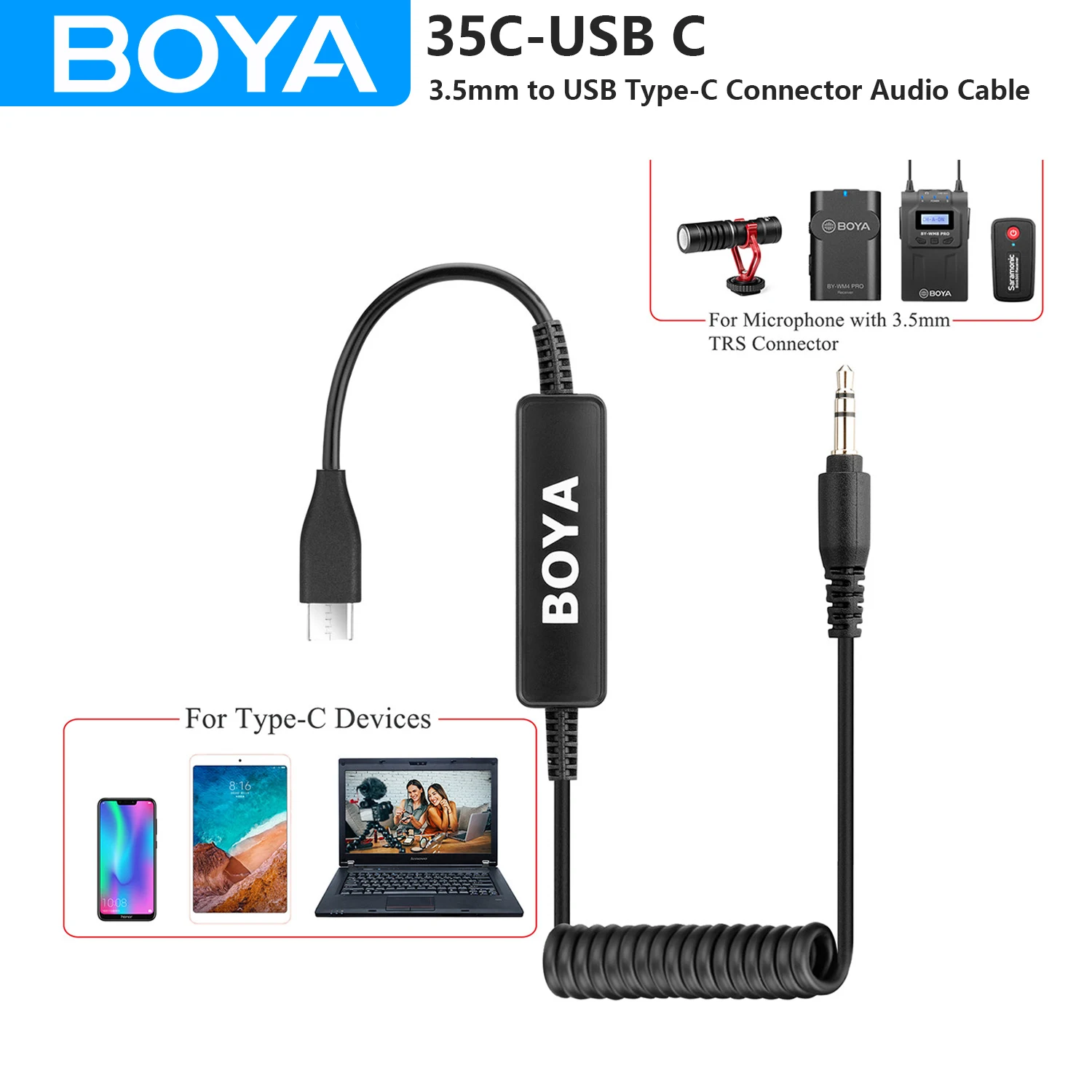 BOYA 35C-L/USB C Microphone Audio Adapter Cable 3.5mm TRS to Lightning Type-C for iPhone Mobile PC Android iOS Streaming Youtube