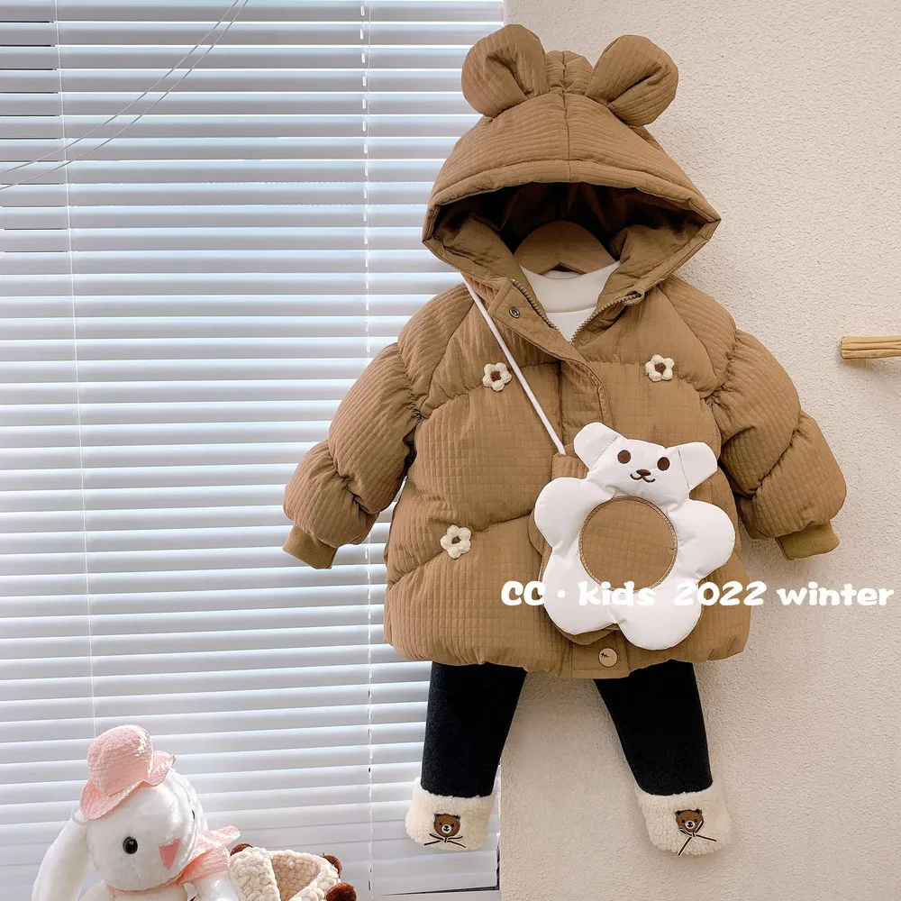 

Girls' Winter Plush Padded Coat New Cute Children's Hooded Cotton Coat Thick Red New Year's Outerwear