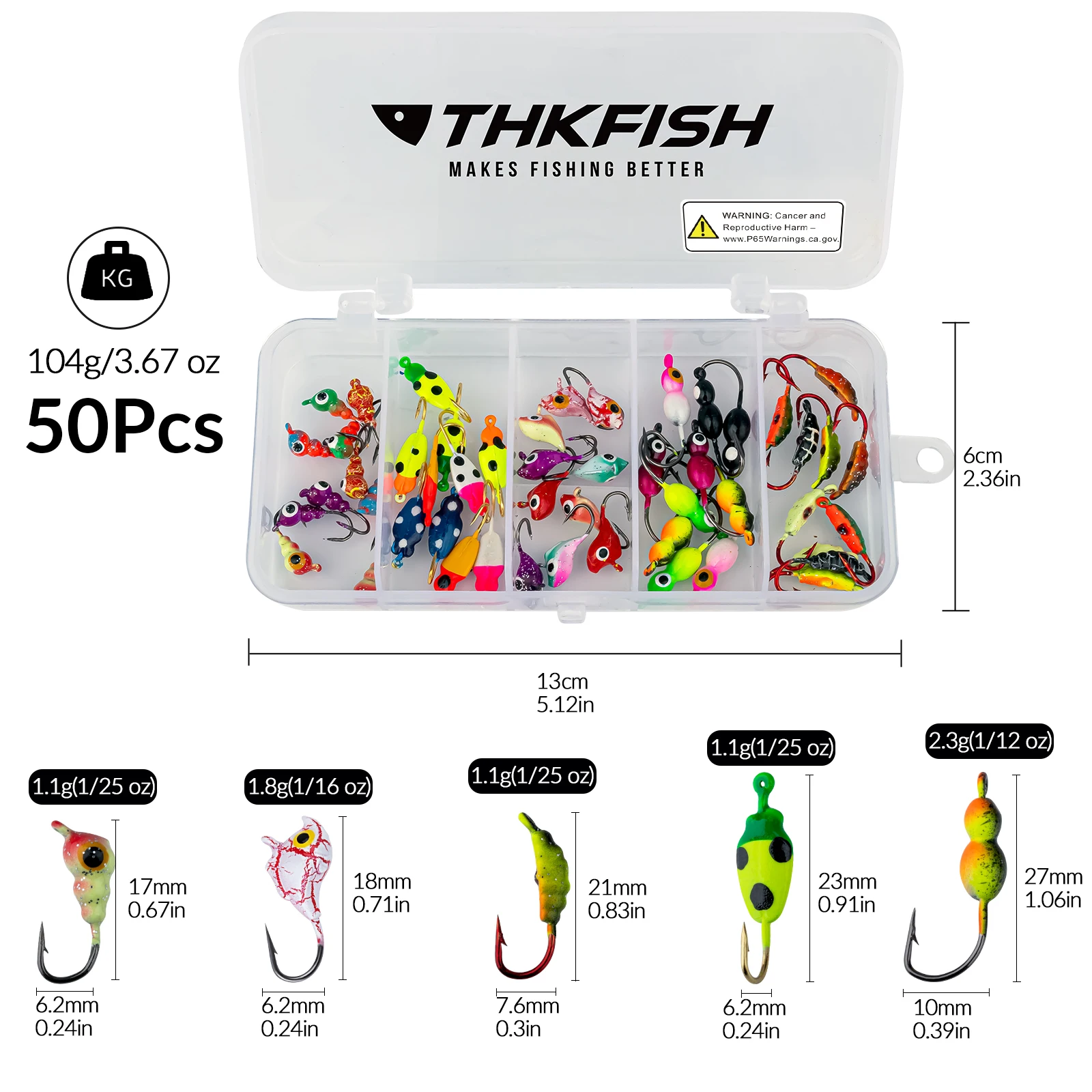 50pcs Glow Ice Fishing Lures Kit 1.1-2.3g Winter Ice Fishing Jigs Heads Barbed Hook Artificial Hard Bait Set With Fishing Hook