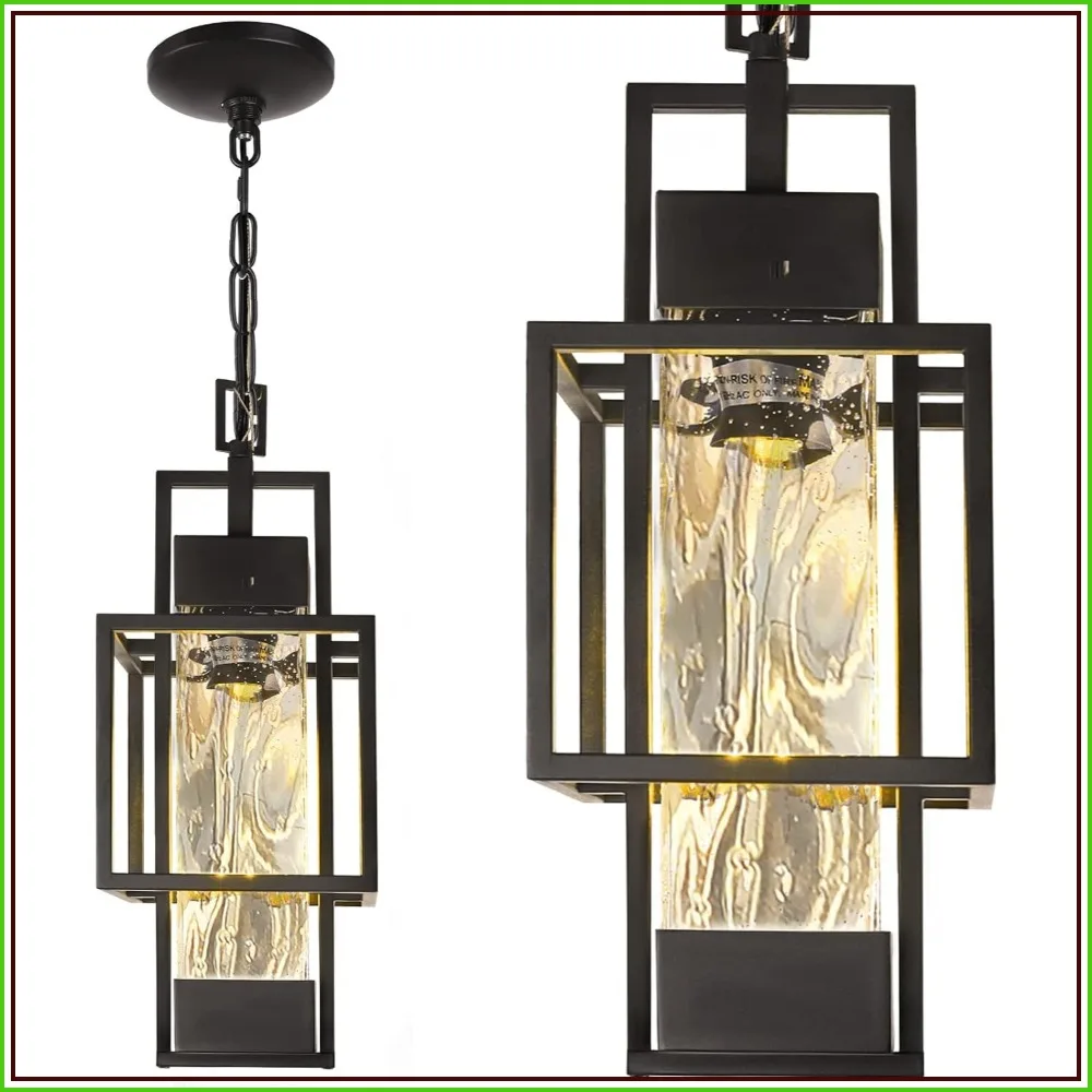 15" Outdoor Pendant Light, Modern Black Hanging Lantern for Porch, Entryway, Foyer - Bulb Included