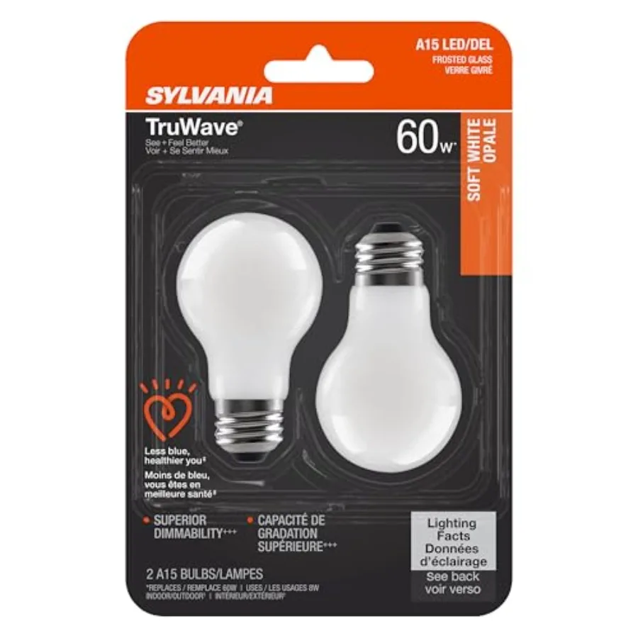 LED TruWave Natural Series Ceiling Fan/ Fixture Light Bulb, 60W A15 Soft White Medium Base, Dimmable, Frosted - 2 Pack, 40763