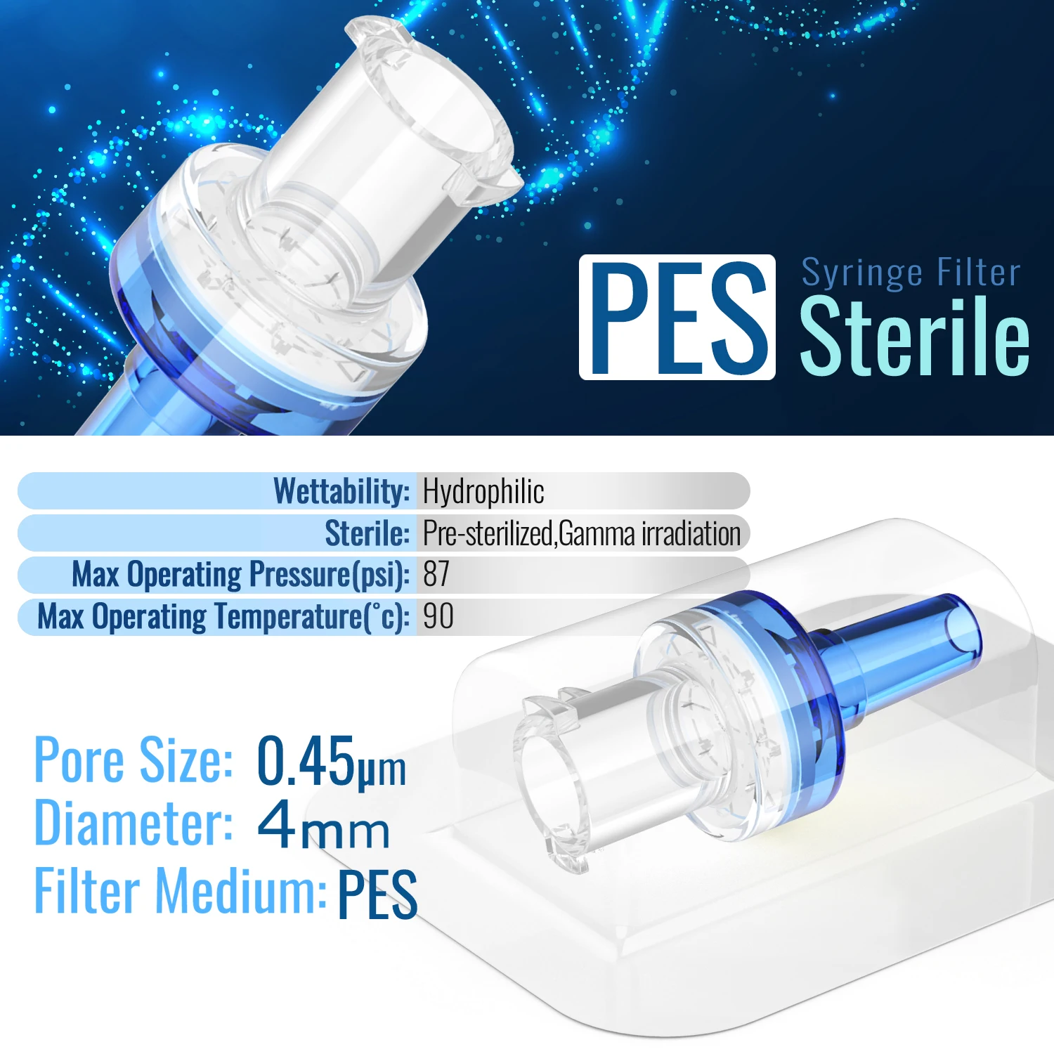 مرشح حقنة معقمة PES (Polyethersulfone) ترشيح محب للماء، Luer Taper 4 مم قطر 0.22/0.45 أم عبوة فردية