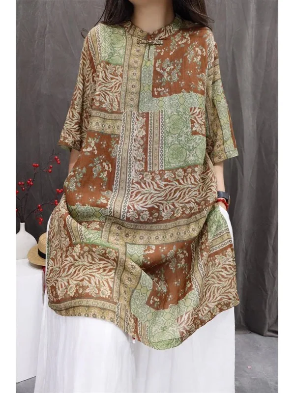 เสื้อผ้าสไตล์จีนโบราณ ลายพิมพ์ผ้าลินิน น้ำหนักเบา ความยาวปานกลาง สำหรับผู้หญิง ฤดูร้อน รุ่นใหม่ล่าสุด ทรงหลวม สวมใส่สบาย เหมาะสำหรับเดินทางไปทำงาน...