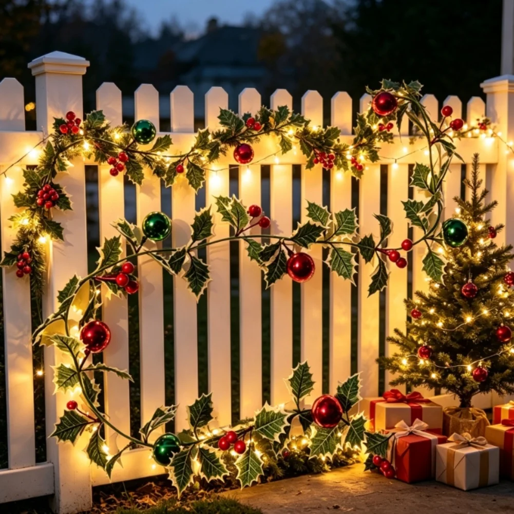 Guirnalda Navideña Artificial de 220 cm con Decoración de Bolas Rojas, Verdes y Amarillas para Árbol de Navidad, Corona, Repisa y Decoración del Hogar